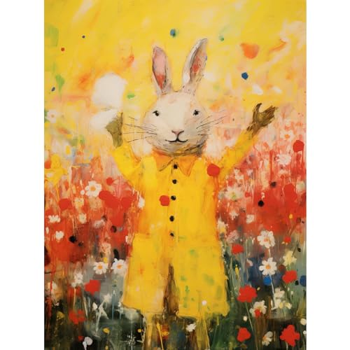 Artery8 Rabbit in a Yellow Rain Mac Oil Painting Bright Floral Meadow Kids Bedroom Nursery Extra Large XL Wall Art Poster Print