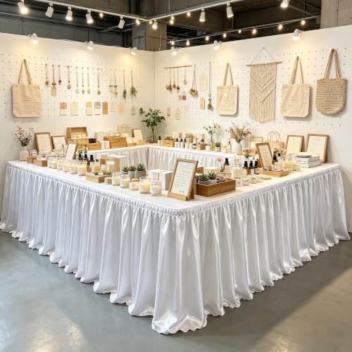 17ft Length Satin White Table Skirt Rectangle Tables,Wrinkle Resistant Ruffle Table Skirting Glitter Teacher Desk Cover Skirt for Dorm Office Birthday Party Wedding Buffet Displays Trade Shows