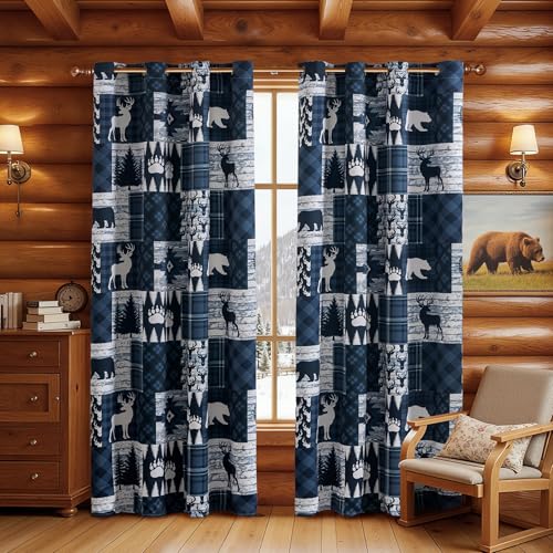 Blue Rustic Cabin Curtains 2 Panels Country Style Curtain 50% Light Blocking Darkening Grommet Window Treatments Farmhouse Patchwork Plaid Drapes Decorative for Living Room Bedroom, 52x96 inches