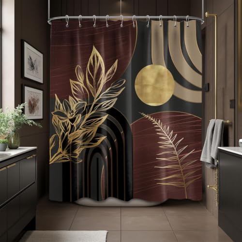"QGHOT Dark Brown and Black Shower Curtain Boho Mid Century Gold and Brown Shower Curtains for Bathroom Decor, Waterproof Cloth Fabric with Hooks, 60"" W x 72"" L"