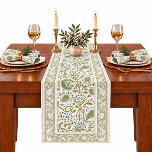 CPC Cotton Table Runner 16x60 Inch Block Printed Long Fall Table Runner for Dining Table, Card Table, Coffee Table, Wedding, Farmhouse & Outdoor Barbeque-Agate Green