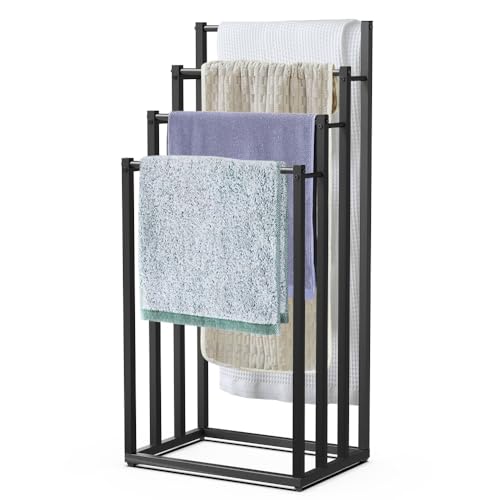VOUNOT® Freestanding Towel Rail 4-Tier Metal Towel Stand, Stable Towel Holder Storage for Washcloths and Bathroom Accessories, Black