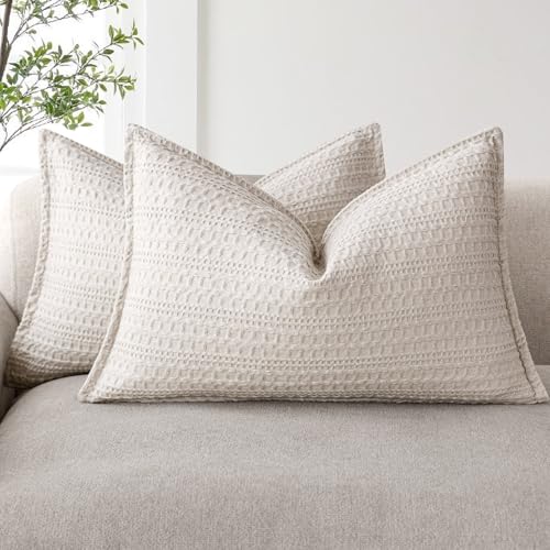Foindtower Set of 2 Decorative Cotton Waffle Weave Lumbar Throw Pillow Covers Euro Shams Cushion Covers Accent European Pillowcase for Bed Couch Sofa Bedroom Living Room Home Decor 12??20 Inch Oatmeal