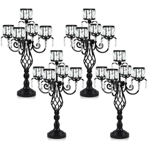 23.2 inch Tall Elegant and Chic 5 Arm Pendant Crystal Candlestick Holder Table Decoration tealight Candle Holder, Candelabra for Gorgeous Wedding/Parties Table Centerpiece (4, Black)