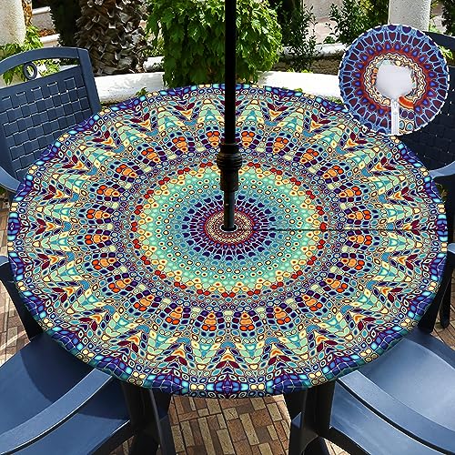 "Buwuta Outdoor Tablecloth with Umbrella Hole Waterproof Round Fitted Tablecloth with Elastic Zippered Wipeable Table Cloth Cover for Picnic,Patio,Garden (Teal, 48"" (Round))"