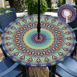 "Buwuta Outdoor Tablecloth with Umbrella Hole Waterproof Round Fitted Tablecloth with Elastic Zippered Wipeable Table Cloth Cover for Picnic,Patio,Garden (Teal, 48"" (Round))"
