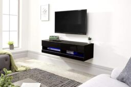 GFW Galicia 120cm Wall TV Unit with LED, Black Floating TV Cabinet with Lift-Up Doors and Hidden AV Storage, Modern Entertainment Unit