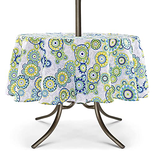 "UMINEUX Outdoor Tablecloth with Umbrella Hole and Zipper, Spring/Summer Waterproof Table Cover for Picnic/BBQ/Garden(60"" Round,Blue&Green)"