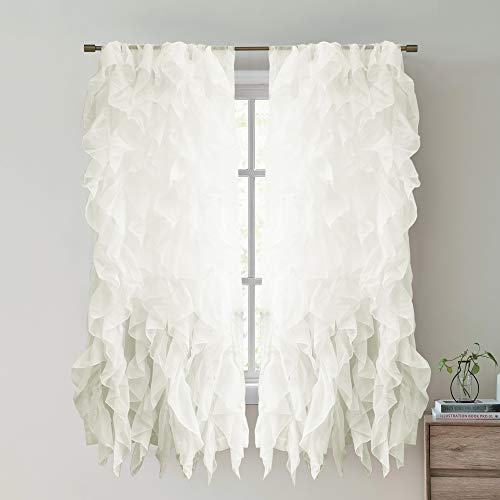"Sweet Home Collection - SHRPNL-63-IVR-2PK Sheer Voile Vertical Ruffled Window Curtain Panel, 63"" x 50"", Ivory, 2 Piece"