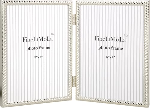 FineLiMoLa 5x7''Silver Double Frames, Rope Design Metal Photo Frame with Black Velvet Backing and Real Glass Front,5x7'' Hinged Silver Double Picture Frame for Tabletop Display and Shelf Display