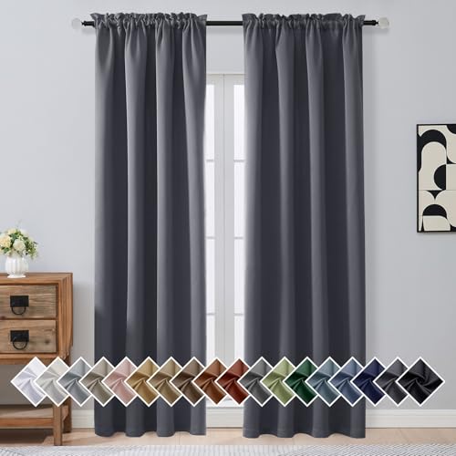 OVZME Charcoal Grey Blackout Curtains for Bedroom 90 Inches Long 2 Panels, Thermal Insulated Soft Fabric Solid Privacy Curtains for Living Room, Rod Pocket Modern Window Treatments, 2x40Wx90L Inches