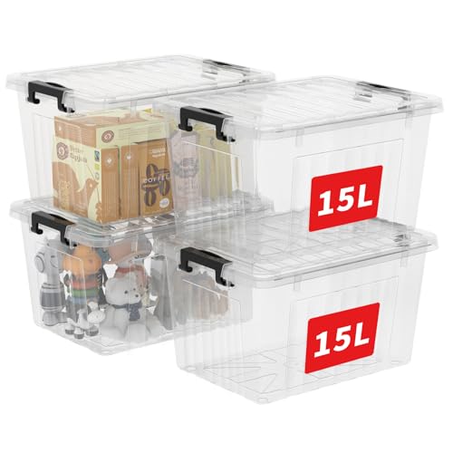 Cetomo 15L*4 Storage Boxes with Lids, Plastic Storage Box with Secure Side Latches, PP Nestable and Stackable Clear Organizer for Home, Office, Moving, Transparent, 15L-4 Pack