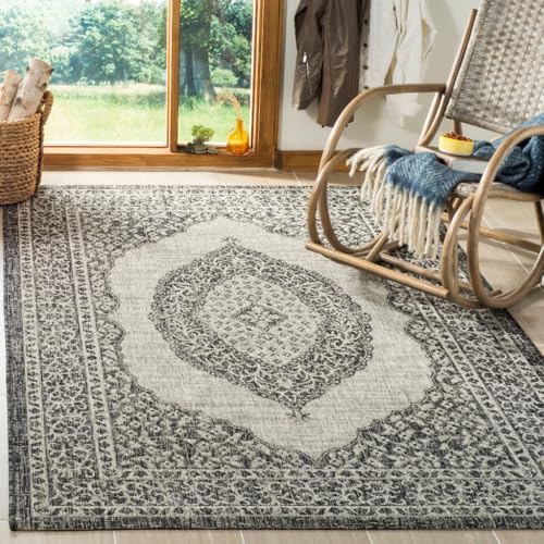 Safavieh Contemporary Indoor/Outdoor Woven Rectangle Area Rug, Courtyard Collection, CY8751, in Light Grey / Black, 160 X 231 cm for Garden, Patio or Any Outdoor Space