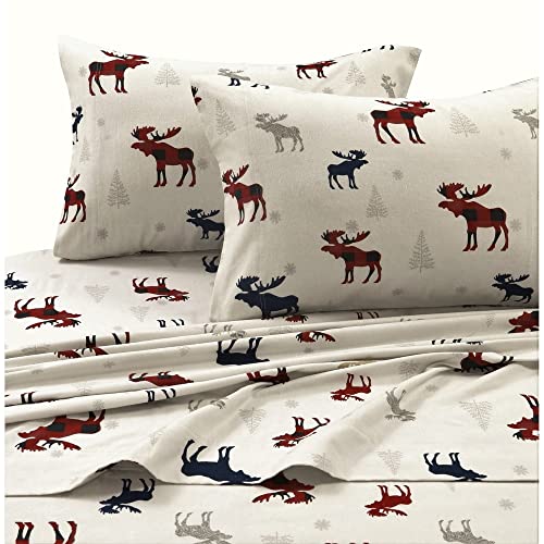 Tribeca Living 100% Cotton Flannel Sheet Set - Deep Pocket, 170-GSM, Ultra Soft & Cozy Bedding for Winter, Twin X-Large, Plaid Moose
