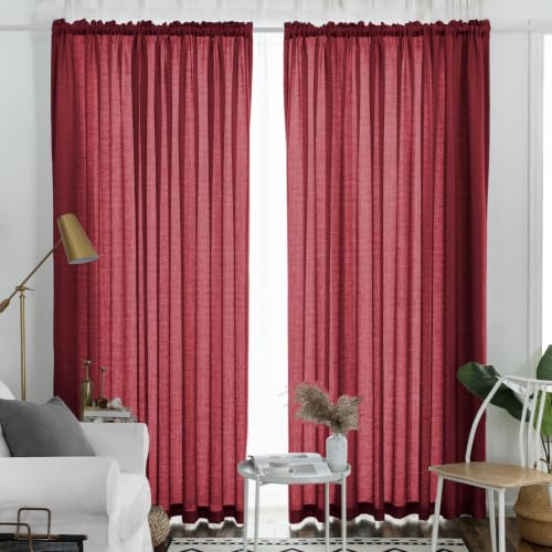 "Melodieux Burgundy Semi Sheer Curtains 108 Inches Long for Living Room Bedroom, Extra Long Linen Look Rustic Light Filtering Shiny Sheer Drapes Curtains Rod Pocket, 52"" W x 108"" L, 2 Panels"