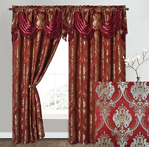 "GOHD Luxe Love. Jacquard Window Curtain Panel Drape with Attached Fancy Valance. 2pcs Set. (Wine, 54"" Wide x 96"" Drop with 18"" Valance x 2pcs)"