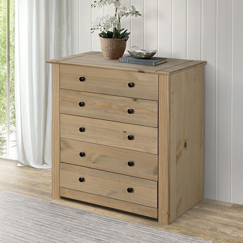 Mews Panama 5 Drawer Chest of Drawers Solid Pine Wood with Waxed Oak Finish