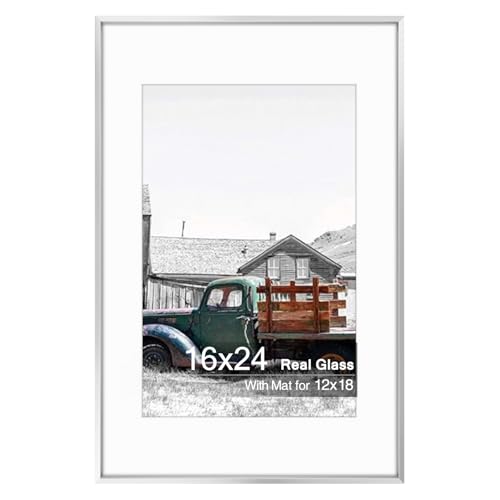 Golden State Art, 16x24 Silver Picture Frame Displays Photo 12x18 with Mat or 16 x 24 Without Mat for Wall Mounting, Classic Satin Aluminum Frames with Real Glass (Pack of 1)