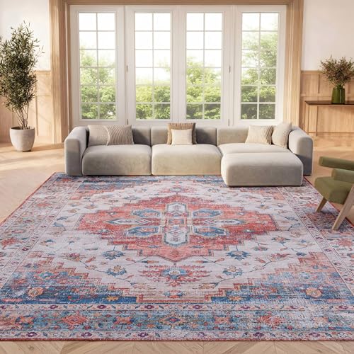 Safavieh Traditional Rug Ideal for High Traffic Areas - Machine Washable and Non Slip - Tucson Collection, Short Pile, in Blue and Beige, 183 X 183 cm