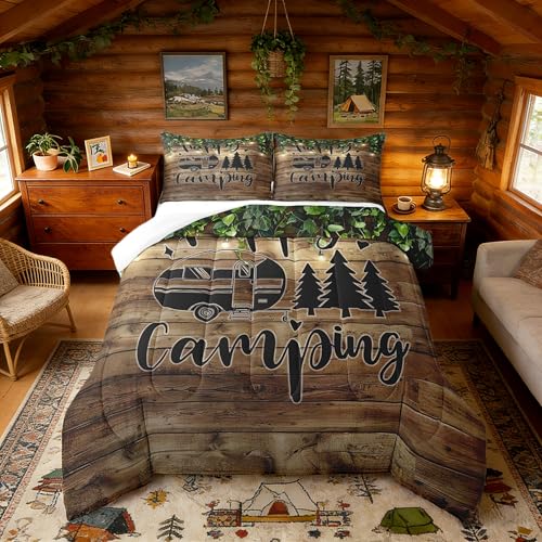 Castle Fairy Happy Camping Bed Comforter Set Queen Size,RV/Trailer Camper Super Soft Microfiber Bedding Set for Girls Boys,Brown Wooden Barn Door Decorative Quilter Set