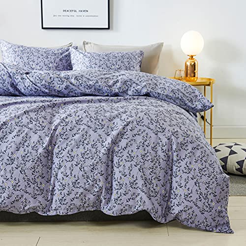 HoneiLife Duvet Cover King Size - 100% Cotton Comforter Cover Floral Duvet Cover Sets,Pale Purple Duvet Cover with Zipper Closure and Corner Ties,3pcs Wildflower Comforter Cover Sets- Lavender Grey