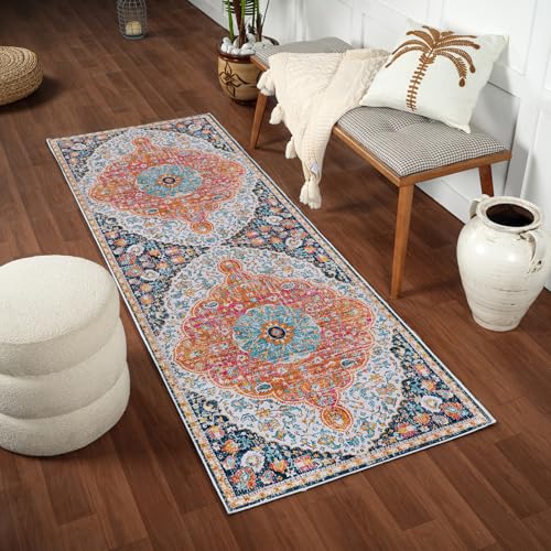 Livabliss Wren AfLou Vintage Runner Design – Hallway Living Room 80x220 cm, Kitchen Use, Traditional Multicolour Boho Style, Easy Care, Orange Navy Aqua Blue