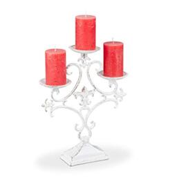 Relaxdays Candle Holder, 3-Armed, for Tealight and Pillar Candles, Vintage, Cast Iron, HxWxD: 28.5 x 23 x 7.5 cm, White