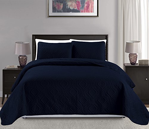 "Mk Collection Full/Queen Size Over Size 100""x106"" 3pc Diamond Bedspread Bed-Cover Embossed Solid Navy Blue New"