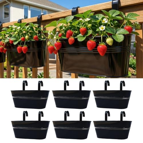 LaLaGreen Deck Railing Planter Box (6 Pack, 17 Inch) Large Black Metal Window Flower Boxes Outdoor, Hanging Planters Plant Holder Hooks Fence Rail Buckets Garden Boho Style Wall Mount Porch Herb Decor