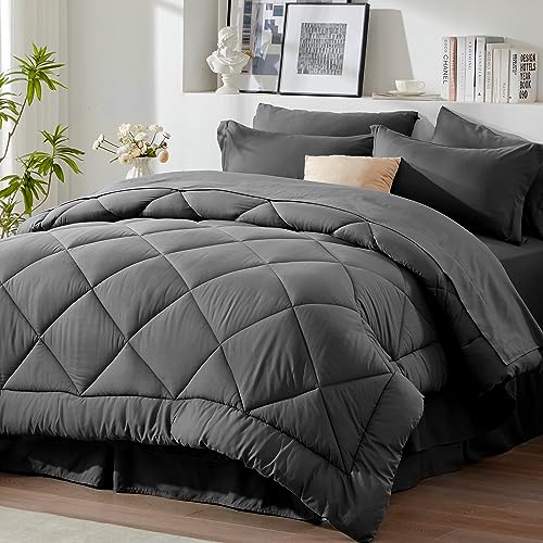 Newspin California King Comforter Set 8 Pieces Bed in a Bag Bedding Set - All Seasons Fluffy Comforter Set, Sheet Set with Stitch Comforter, Luxury Bed Set with Sheets, Bed Skirt, Pillowcases & Shams