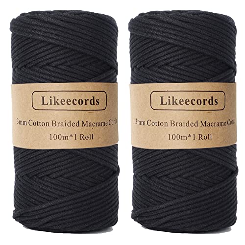 Likeecords 2 Skeins Braided Macrame Cotton Cord 3mm x 100m, 100% Cotton Rope String for Bag, Wall Hanging, Plant Hangers, Crafts, Knitting (Black)