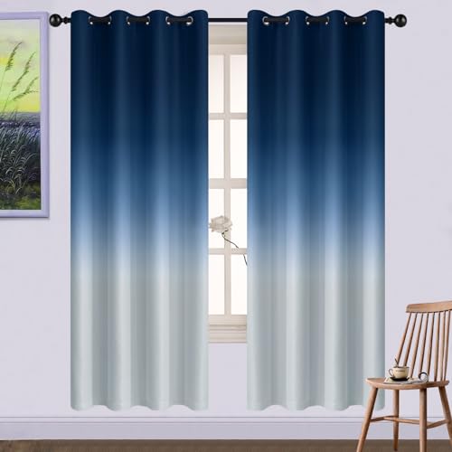 Yakamok Blackout Window Curtains, 72 Inch Length Ombre Light Blocking Grommet Window Drapes, Room Darkening Gradient Color Curtains for Bedroom (Blue and Greyish White, 52x72 Inch, Set of 2)