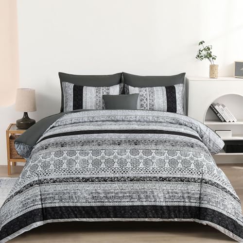 Cottolester Boho King Size Comforter Set 8 Pieces,Gray Bohemian Striped Bed in a Bag,Floral Soft Microfiber Bedding Comforter Set