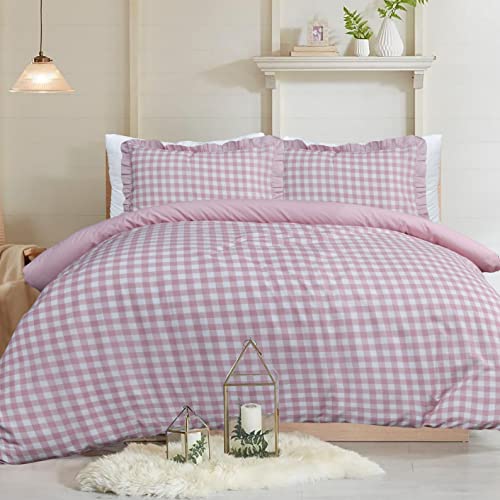 Sleepdown Gingham Check Blush Pink Plain Reverse Soft Easy Care Duvet Cover Quilt Bedding Set With Ruffle Edge Pillowcases -Super King (260cm x 220cm)