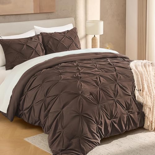 "Andency Full Pinch Pleat Brown Comforter Set 3 Piece Bedding - Lightweight Comforter with 2 Pillow Shams,79""x90"", Pintuck Fluffy, All Season Use, Boho Cute Style for Bedroom"