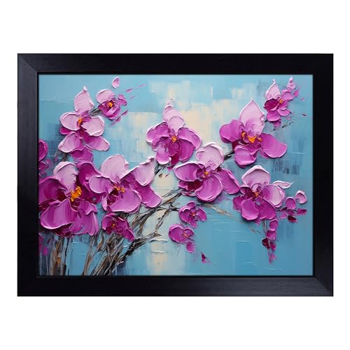 Lap Tray with Bean Bag Cushion, Orchid Flower Palette Knife - Handmade in the UK, Raised Wooden Edge, Padded Cushion, Heat-Resistant Wipe-Clean Surface, for Meals, Laptops and Crafts