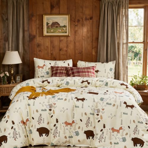 CLOTHKNOW Kids Twin Comforter Set Yellow Animal Bedding Comforter Sets Soft Cartoon Comforter Fox Rabbit Beige Bedding with 2 x Pillow Cases