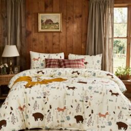 CLOTHKNOW Kids Twin Comforter Set Yellow Animal Bedding Comforter Sets Soft Cartoon Comforter Fox Rabbit Beige Bedding with 2 x Pillow Cases