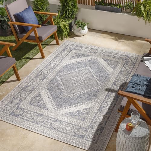 Livabliss Anwara Karba Indoor Outdoor Floor Covering 120x170 cm – Boho Pattern for Living Room, Dining & Kitchen, Waterproof & Stain-Resistant, Cream, Taupe & Blue