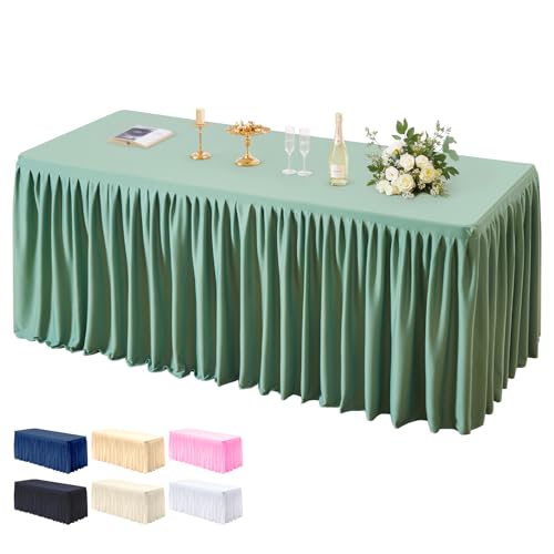 PARTISKY 1 Pack Sage Green Tablecloths for Rectangle Tables 6ft, Wrinkle Resistant Spandex Table Cover Fitted Stretch Table Cloth with Pleated Ruffle Skirts for Party Banquet Dining Birthday Wedding
