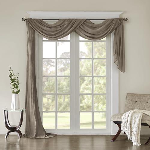 "Madison Park Harper Sheer Bedroom, Modern Contemporary Window Curtain for Kitchen, Solid Fabric Panels, 42"" x 216"", Taupe"