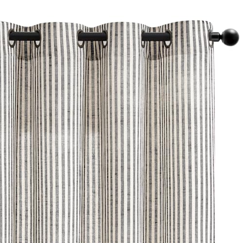 Vangao Linen Blend Stripe Black Curtains Tickingstripe Light Filtering Window Curtains Pinstripe Printed on Beige Drapes 95 Inches Long for Living Room Bedroom Dorm 2 Panels