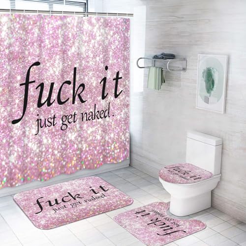 ArtSocket Bathroom Sets with Shower Curtain and Rugs, 4 Pcs, Pink Gold - Get Naked Funny Diamond, Bathroom Decor Set with Toilet Lid Cover, Non-Slip Bath Mats and Accessories 12 Hooks