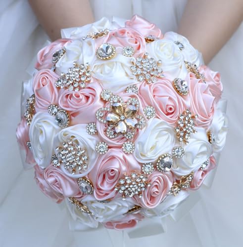 "Mhojpik Bridal Wedding Bouquet Round Bling Brooch Bouquet Throw Toss Artificial Rose Flower Bunch for Bride Bridesmaid Wedding Quinceanera (Light Salmon Pink & Ivory, 9.8"")"