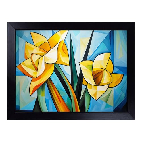 Lap Tray with Bean Bag Cushion, Daffodil Flower Cubism - Handmade in the UK, Raised Wooden Edge, Padded Cushion, Heat-Resistant Wipe-Clean Surface, for Meals, Laptops and Crafts