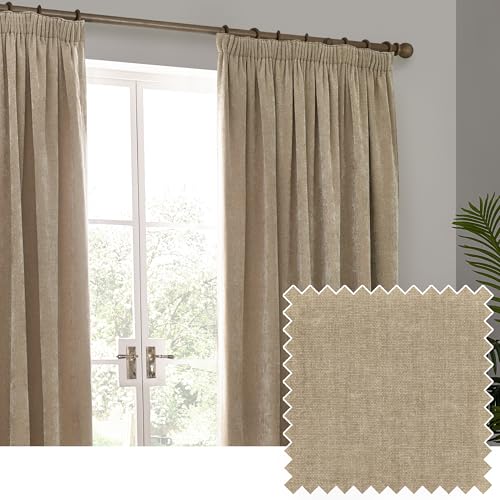 Yard Heavy Chenille Pencil Pleat Curtain Pair – Lined Room Darkening Soft Velvet Curtains (Natural – Width 117 x Drop 183cm)