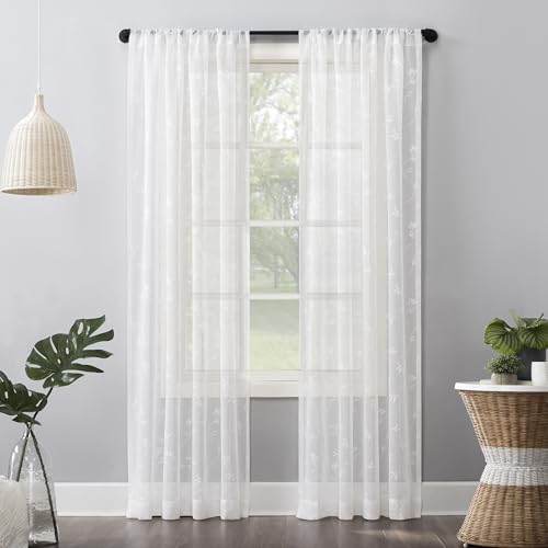 "No. 918 Delia Embroidered Floral Sheer Rod Pocket Curtain Panel, 50"" x 84"", Ivory Off-White"