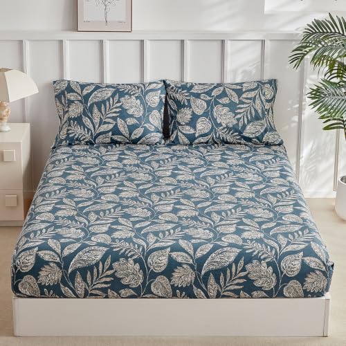 Tokokimo Paisley Fitted Sheet Set King Size, 16 inches Deep Pocket Fitted Sheet & Envelope Closure Pillowcases, Comes with One Flat Sheet, Blue Leaf Floral