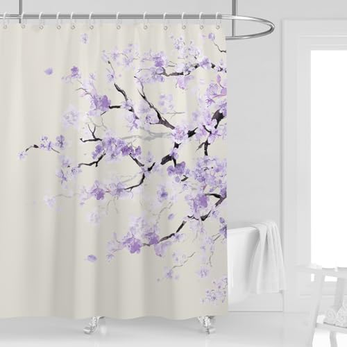 Purple Cherry Blossom Shower Curtain 60''W x 72''L Beige Cream Lilac Lavender Floral Flower Japanese Anime Asian Art Spring Cute Vintage Funny Plant Style Polyester Fabric 12 Pack Plastic Hooks