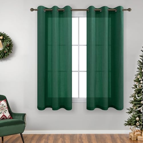 KOUFALL Green Short Window Curtains for Bedroom Decor,Linen Sheer Curtains for Kitchen,54 Inch Length,Dark Emerald Green